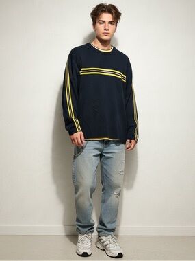 Vintage Aeropostale Men's Navy Crewneck Sweater with Yellow Stripes